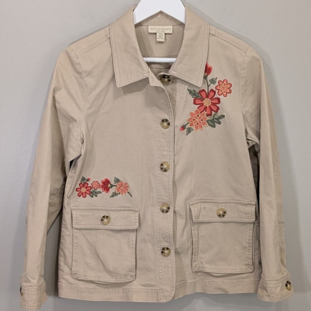 AppleSeeds Petites Jacket Khaki Emboidery Floral Cottage